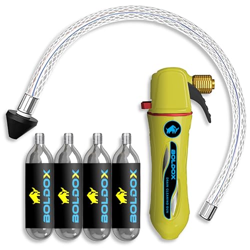 Drain Gun AC Condensate Line Cleaner with 4 Threaded CO2 Cartridges - Clears Buildup & Debris in AC Drain Tubes - How To Unclog AC Drain Pipe & Condensation Drain Trap - DIY HVAC Tools by Boldox