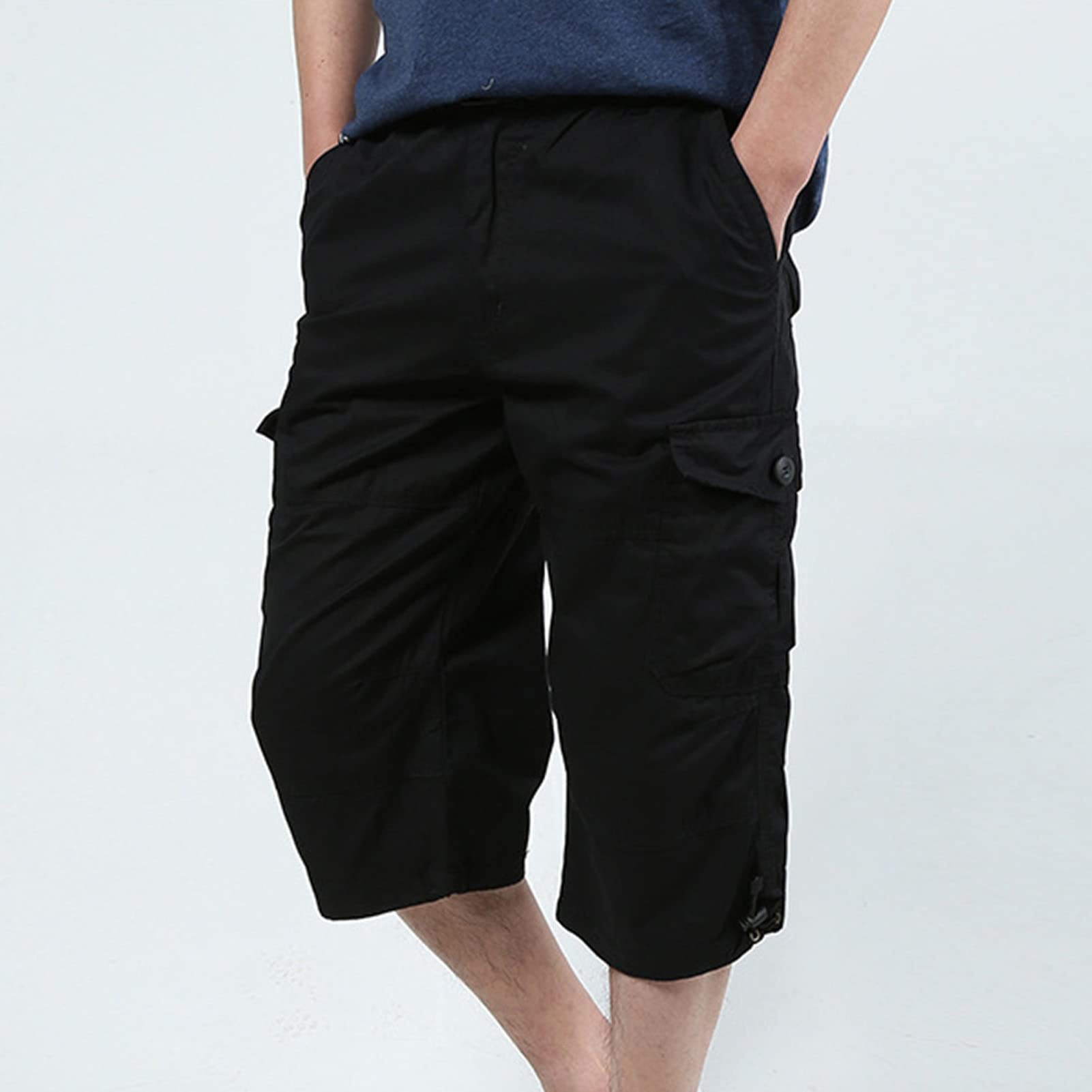 Men's Relaxed Fit 3/4 Cargo Shorts Twill Elastic Waist Multi Pocket Capri Pants Casual Loose Fit Below Knee Short (Black,5X-Large)