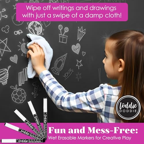 Image of Loddie Doddie Liquid Chalk Markers for Chalkboard - 5 Pack, 1 mm Point, White - Erasable & Low-Odor Non-Toxic Ink - Chalk Pen & Window Markers for Glass