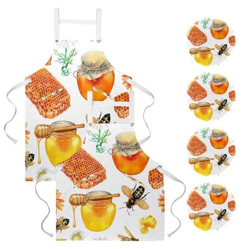 Lot de 2 tabliers avec 4 broches thématiques abeilles mielles