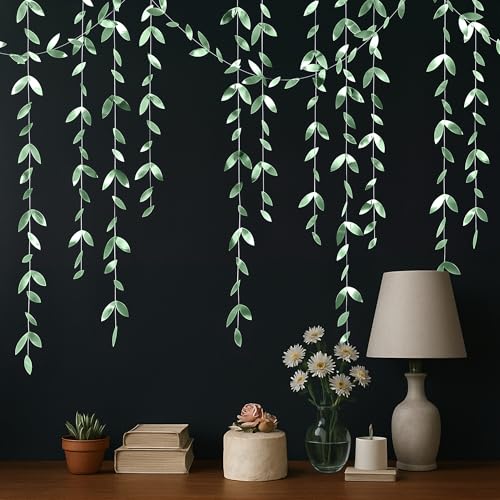 Image of KatchOn, Sage Green Paper Leaf Garland - Pack of 5 | Hanging Leaves Streamer Banner for Green Party Decorations | Hanging Green Leaves for Birthday Decorations, Wedding, Anniversary Decor