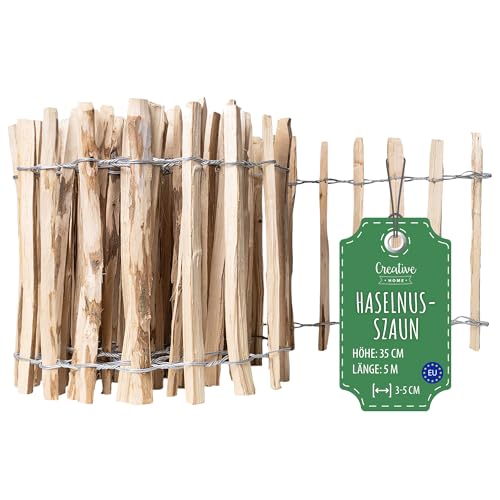Creative Home Staketenzaun 35cm hoch und 5m lang | Haselnusszaun | Rollzaun | Lattenabstand 3-5 cm | Gartenzaun Holz Holzzaun | Zaun Garten Ideal als Rasenkante Blumenbeet Umrandung aus Haselnuss