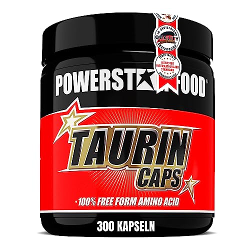 Powerstar TAURIN CAPS | 300 Kapseln HOCHDOSIERT mit 3400mg reinem Taurin pro Portion | Angereichert mit Cofaktor Vitamin B6 | Rohstoffe in Pharmaqualität | Deutsche Herstellung