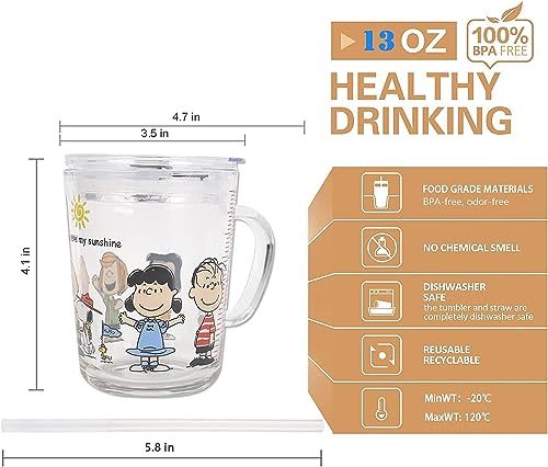 Image of Kamvy Random Design Glass Measuring Drinking Mug with Handle and Clear Lid with Silicone Straw for Girls & Boys Multiple Usage 400 ml (Pack of 1) (Cartoon)