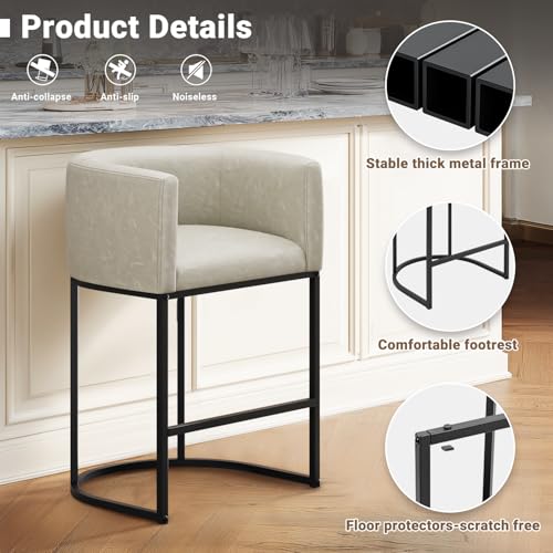 Image of 26 inch H Counter Height Bar Stools Set of 2, Modern Barrel Counter Stools with Backrest and Arms, Faux Leather Upholstered Accent Barstools for Kitchen Island,Support 450 LBS (Grayish White)