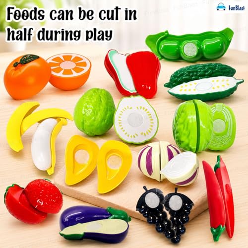 Image of FunBlast Fruits and Vegetables Play Set Toys, Realistic Sliceable Cutting Pretend Play Kitchen Toys for Kids, Play Food Toys, Fruit Vegetable Toys, Chopping Board with Knife and Basket (16 Pieces)