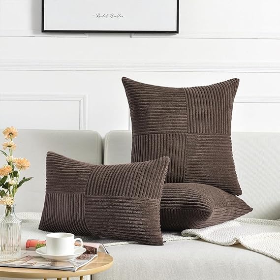 Image of Guffaw Corduroy Pillow Covers Boho Decorative Spliced Throw Pillow Covers Soft Solid Couch Pillowcases Cross Patchwork Cushion Covers for Living Room Bed Sofa 16x16 inch (2, Dark Brown)