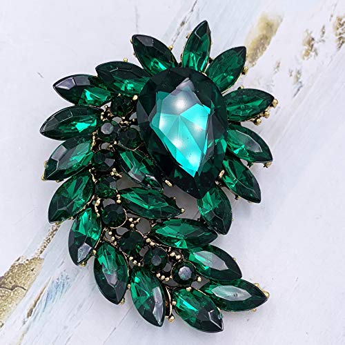 SELOVO Marquise Shape Rhinestone Red Leaf Costume Brooch Pin Jewelry Antiqued Gold Tone3