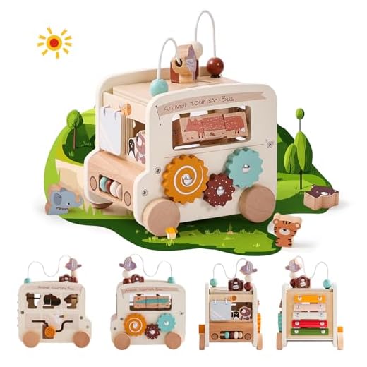 Wooden Activity Cube 8-in-1 Montessori Toys | Multifunctional Early Educational Learning Toys | Activity Cube for Baby Shape Sorter Xylophone Animal Travel Bus Toys Boy Girl Birthday Gift（Beige Bus）