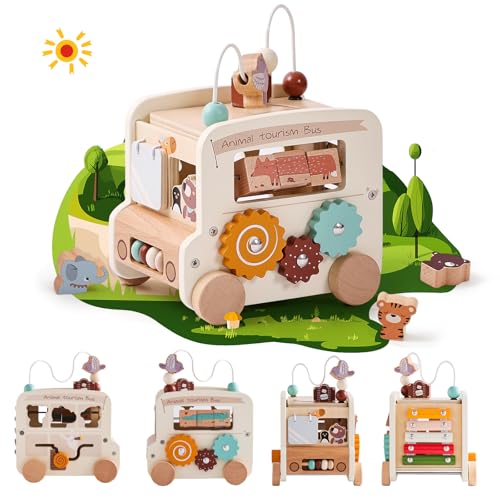 Image of Etucdose Wooden Activity Cube 8-in-1 Montessori Toys | Multifunctional Early Educational Learning Toys | Wooden Toy for Baby Shape Sorter Xylophone Animal Travel Bus Boy Girl Birthday Gift（Beige Bus）