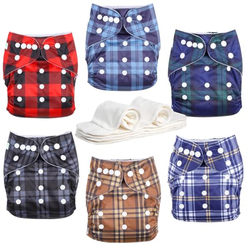Image of Wegreeco Cloth Diapers 6 Pack with Inserts & Wet Bag, Washable Reusable Diapers for Babies, One Size Adjustable (Checkered)