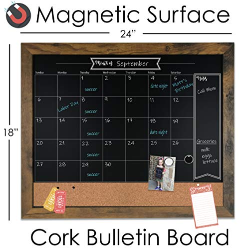 Loddie Doddie 18X24 Rustic Framed Chalkboard Calendar And Bulletin Combo Board. Includes Chalk Markers, Push-Pins And Magnets. Blackboard - Calendar - Cork Board. Perfect For Organizing Your Space #TOP2