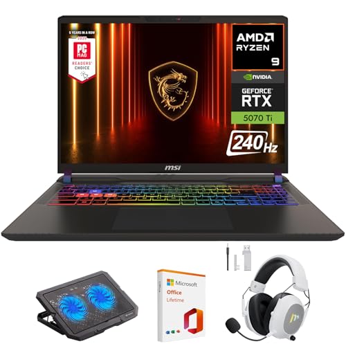 msi Vector 16 HX AI 16' 240Hz QHD+ Gaming Laptop, AMD Ryzen 9 8940HX, NVIDIA Geforce RTX 5070Ti, 16GB RAM, 1TB SSD, Thunderbolt 4, Wi-Fi 7, Win 11, Cosmo Gray, w/Mytrix Accessory & Lifetime Office