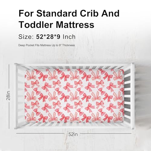 Image of Red Valentine's Bows Fitted Crib Sheets for Girl 52 inchx28 inch Girly Red Hair Bows Crib Mattress Covers Soft Breathable Valentine Hearts Love Baby Sheets for Standard Crib and Toddler Mattresses Red