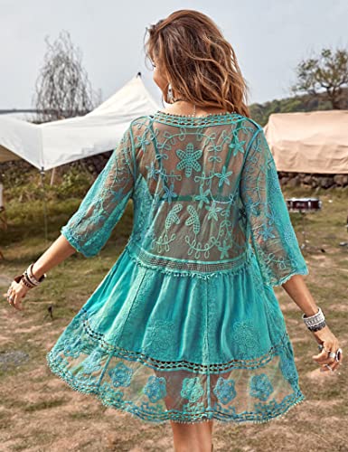 Image of Eomenie Women's Contrast Lace Bathing Suit Cover Up V-Neck Swimsuit Coverups Loose Swimwear Beach Dress Beachwear