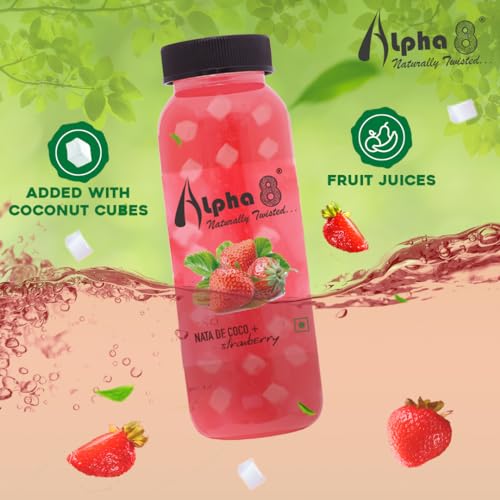 Image of ALPHA 8 FRUIT Juice with NATA De Coco Coconut Cubes Natural Energizer & Immunity Booster, Healthy Juice, High Fiber, Real Natural Taste (Strawberry Pack of 12)