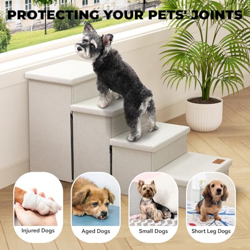Image of Zerbuger Dog Stairs with Storage 23 inch H, 4-Step Wider Dog Steps for High Beds Window, Folding Sturdy Pet Stairs Gift for Small /Medium /Large Old Dogs Cat, Ramp for Climbing Car Up to 200 lbs, Beige