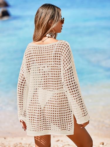 Womens Oversized Crochet Hollow Out Swimsuit Coverup Summer 2025 Boat Neck Beach Bathing Suit Cover Up Mini Dress3