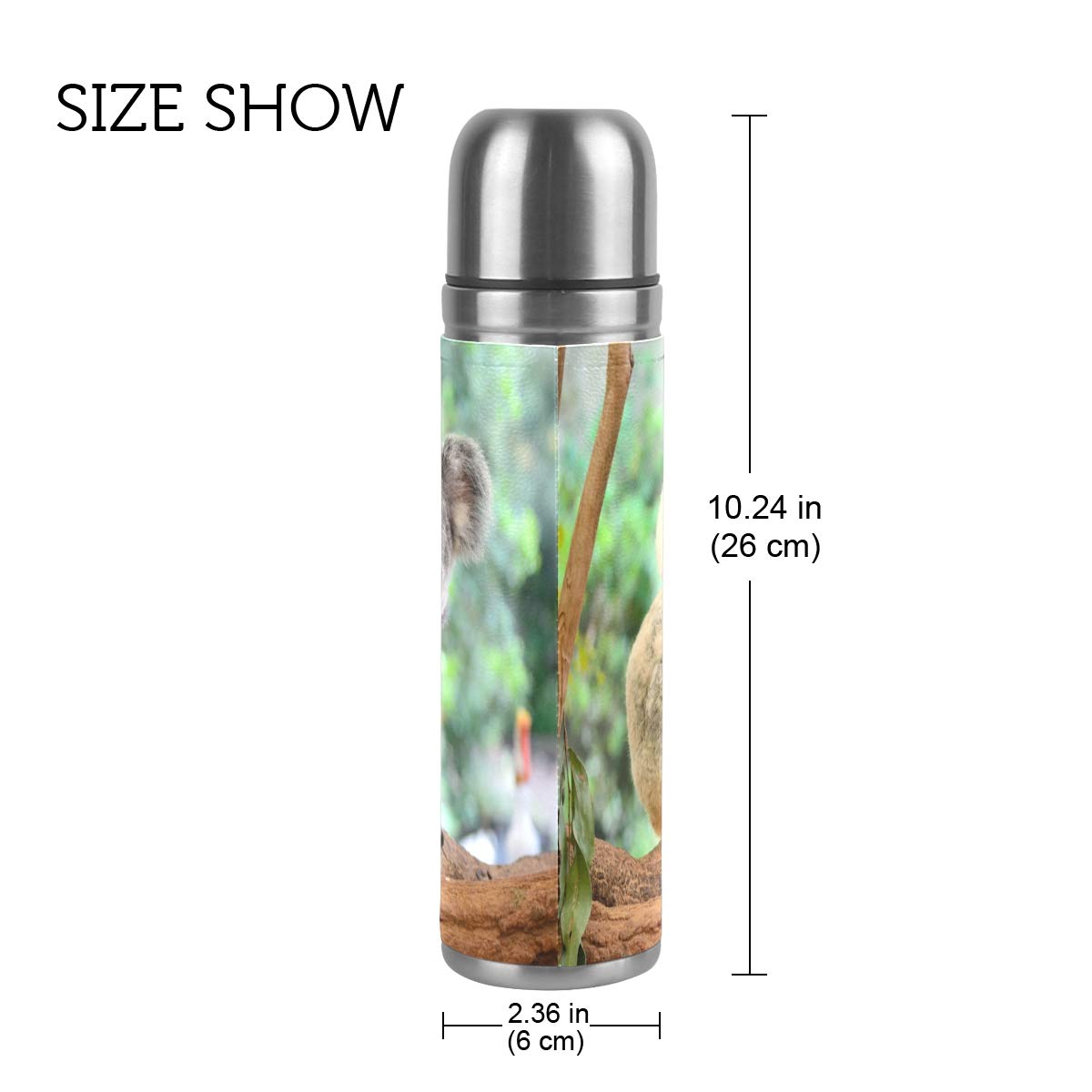 Taza de viaje aislada al vacío de acero inoxidable con doble pared a prueba de fugas, botellas de koala con estampado personalizado impreso en piel auténtica, termo de 500 ml