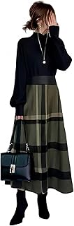 [YUANYUAN] レディース ドッキングドレス 冬ワンピース 秋服 冬服 ロング丈 グルーネック パフスリーブ チェック柄 フレア型 ハイウエスト ニット ゆったり カジュアル おしゃれ 着痩せ 可愛い キャザー 大人 通学 通勤 普段着