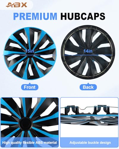 Image of ABX Hubcaps,15 inch hubcaps Set of 4, Wheel Rim Cover ABS Material, Snap On Car Truck SUV Replacement, for Toyota Camry Nissan Mazda etc, Black & Blue