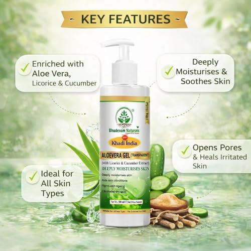 Image of khadi Aloe Vera Face Massage Gel | Hydrating & Soothing Skin | For Glowing, Soft & Clear Skin | Reduces Sunburn, Acne & Redness (TRANSPARANT ALOEVERA GEL (500ML))