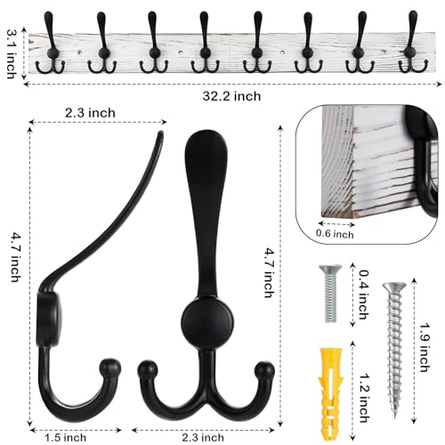 Kuhome 32.2'' Large Coat Rack Wall Mount Coat Hooks Coat Hanger With 8 Metal Black Triple- Hooks Old White Pine Real Wood Plank Hat Rack For Wall Hooks For Hanging Coat Hat Jacket thumb #1