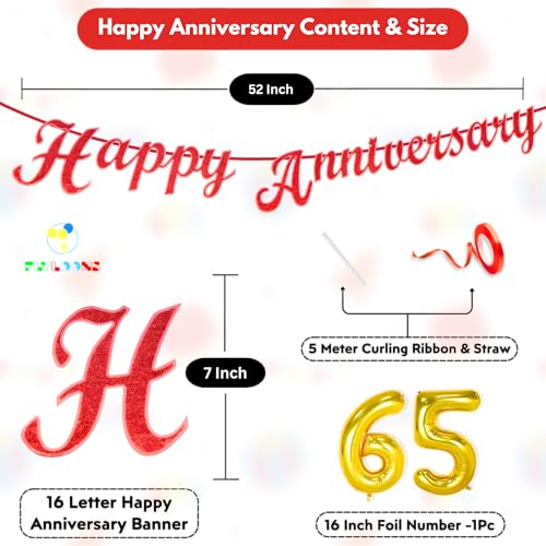 Image of Flyloons 65th Happy Anniversary Banner Red Decorations Kit for Men Women Wedding Anniversary Banner Items without Balloons