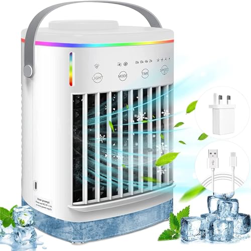Portable Air Cooler, Mini Mobile Air Conditioner, RGB 7 LED Light, 4 Speeds, Timed function Modes Room Cooler, Air Coolers for Home, Office, Bedroom