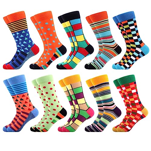WeciBor Men's 10-Pack Funny Crazy Crew Socks - Colorful Geometric Patterns, Size 9-13 Fashion Dress Socks