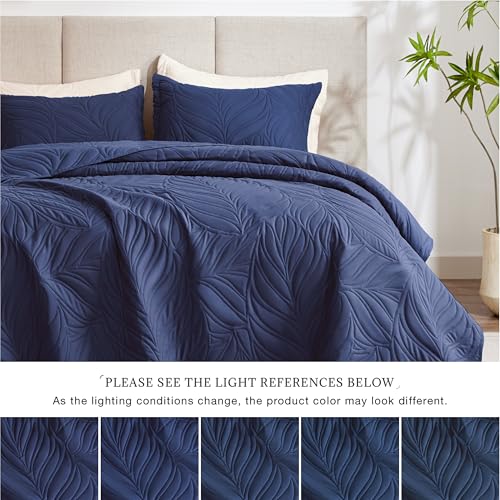 EXQ Home Quilt Set Full Queen Size Navy 3 Piece,Lightweight Soft Coverlet Modern Style Leaf Pattern Bedspread Set(1 Quilt,2 Pillow Shams)