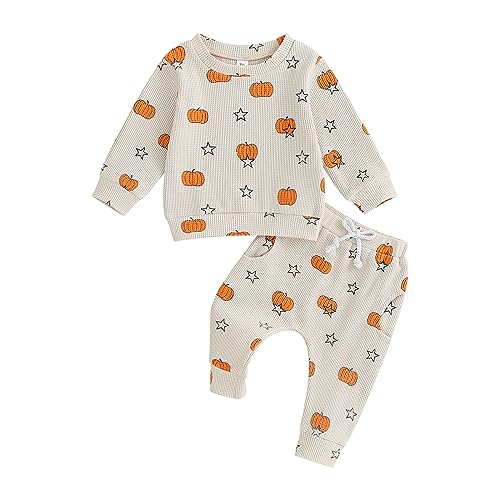 Image of YINGISFITM Fall Baby Girl Clothes Pumpkin Long Sleeve Crewneck Sweatshirt Top Pocket Pants Toddler Girl Halloween Outfit (Waffle pumpkin, 0-6 Months)