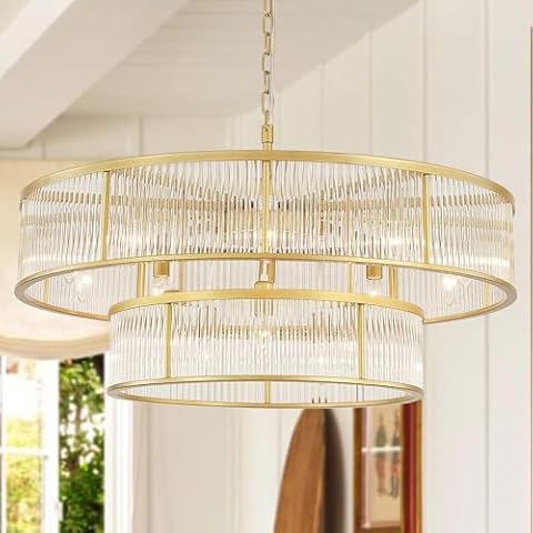 OSAIRUOS W31.5 Modern Large Crystal Chandelier Gold Round Pendant Ceiling Light Fixture for Dining Room Contemporary Crystal Lighting Chandeliers for High Ceiling Living Room Foyer Entryway 15-Light Cover