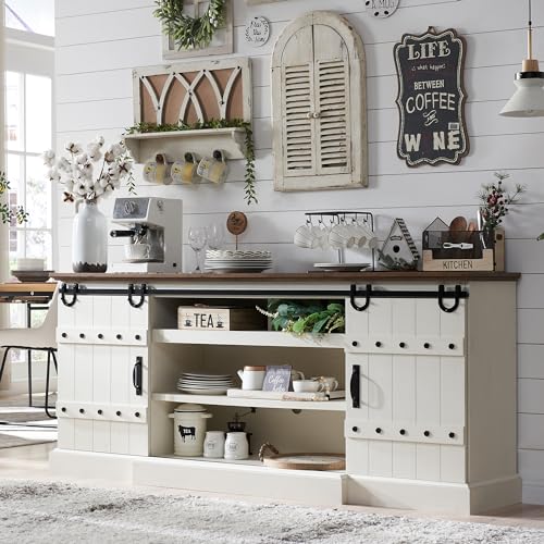 OKD-75-Sideboard-Buffet-Cabinet-with-Storage-Farmhouse-TV-Stand-wSliding-Barn-Door-Rustic-Long-Coffee-Bar-Large-Buffet-Table-for-Dining-Room-Kitchen-and-Living-Room-Antique-White OKD 75 Sideboard Buffet Cabinet with Storage Farmhouse TV Stand wSliding Barn Door Rustic Long Coffee Bar Large Buffet Table for Dining Room Kitchen and Living Room Antique White