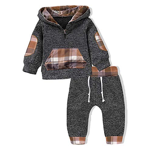 Image of Ritatte Toddler Baby Boy Fall Winter Clothes Plaid Long Sleeve Hoodie Sweatshirt Pants Set 2Pcs Infant Christmas Outfits 0-3T
