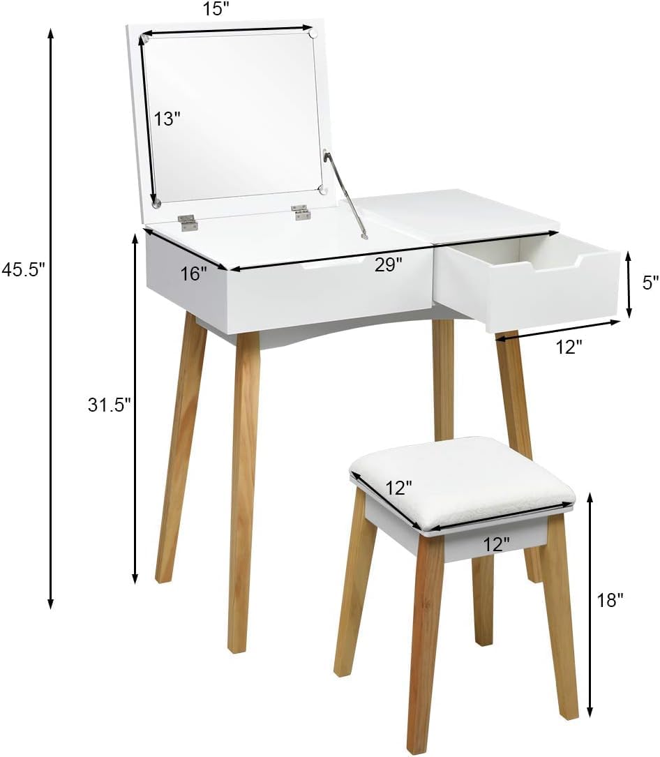 LDAILY Flip Top Vanity Desk with Mirror, Hidden Drawer and Cushioned Stool, Modern 3 in 1 Writing Desk with Solid Pine Wood Leg for Small Space