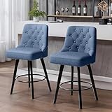 PatioPerk Modern Swivel Bar Stools with Back, 26' H Seat Set of 2, 360 Rotation Counter Height Chairs, Retro Upholstered Barstools for Kitchen Island with Solid Wood Legs, Linen Fabric, Navy