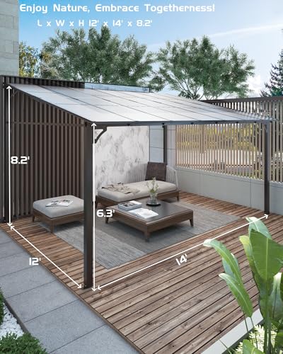 12' x 14' Lean to Gazebo, Hardtop Wall Pergola with Polycarbonate Roof, Aluminum Frame Mounted Gazebo for Lawn Patio Deck Yard and Party