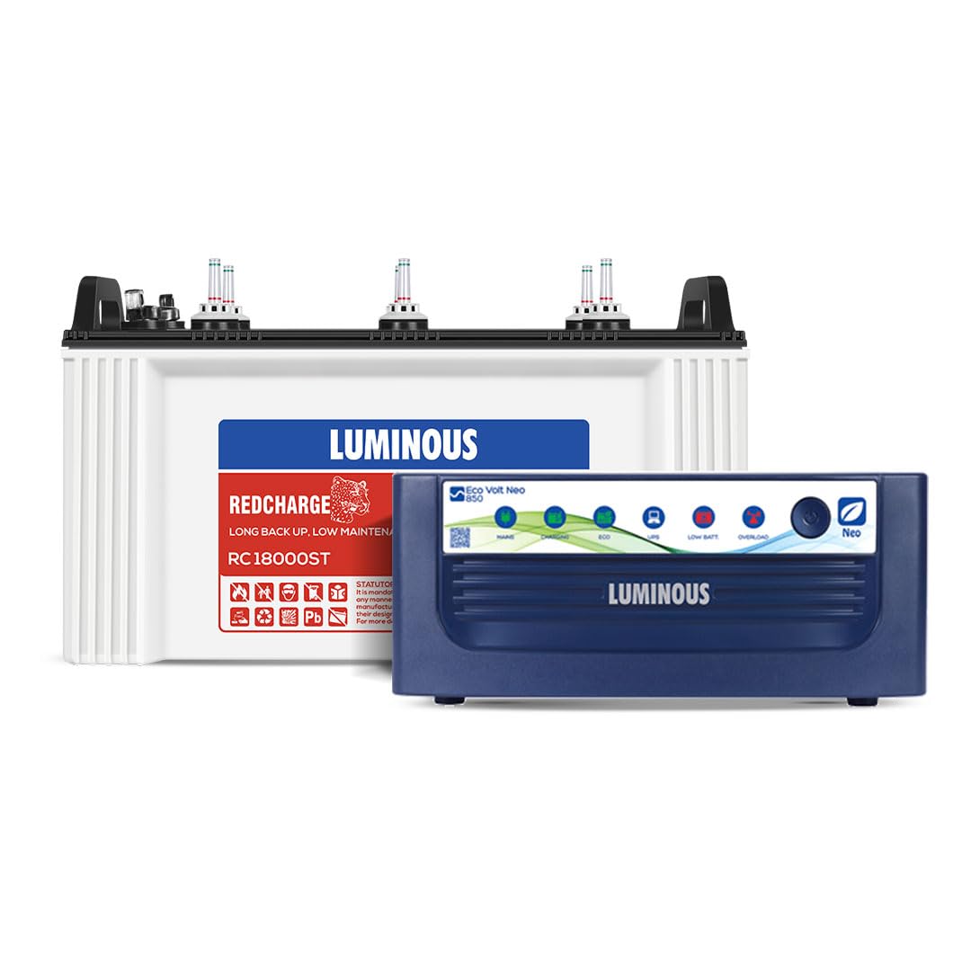 Luminous Inverter & Battery Combo (Eco Volt Neo 850 Pure Sine Wave 700VA/12V Inverter with Red Charge RC18000 ST Short Tubular 150Ah Battery) for...