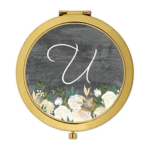 Andaz Press Gold Compact Mirror Bridesmaid's Wedding Party Gift, Monogram Alphabet Initial Letter U, Farmhouse Rustic Gray Wood Ivory Floral Flower Roses, 1-Pack, Maid of Honor Bridal Party Gift Ideas