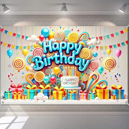 Image of BlissYard Happy Birthday Banner 71x43 Inch Candy Theme Decoration for Boys Room Party Display Birthday Backdrop Colorful Scene for Kids Wall Setup Backdrop Poster