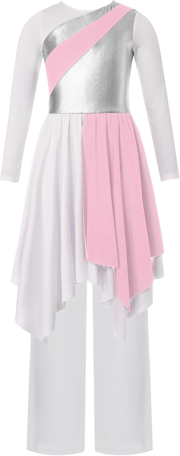 Hansber Kids Girls Long Sleeve Lyrical Praise Dance Dress Worship Liturgical Church Robe Tunic and Wide Leg Pants Set