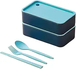 Marmita Bento Box com 2 Compartimentos Divisórias e Talheres Dois Andares Premium Ideal para Almoço e Refeições em Movimento (Azul)