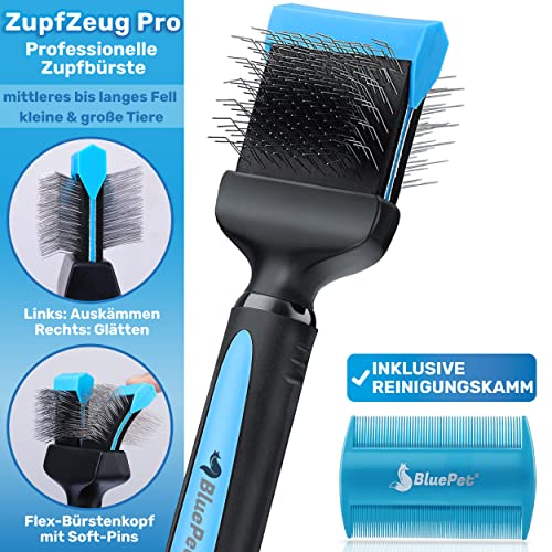 BluePet ZupfZeug Pro Professionelle Hundebürste Langhaar, Flexible Zupfbürste für Hunde & Katzen I Entfernt sanft Unterwolle, Verfilzungen & Knoten