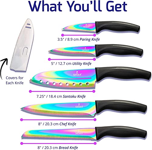 image for SiliSlick Kitchen Knife Set, Rainbow Titanium Coated Blades, High Carb