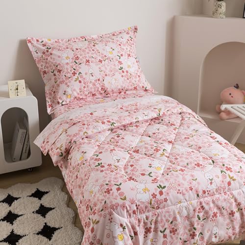 Image of Caressma Twin Size 5 Pieces Pink Comforter Set, Lovely Rabbit Pattern Kids Bedding Set in a Bag with Floral Comforter, Fitted Sheet, Flat Sheet, Pillow Case & Pillow Sham