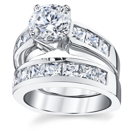 2 Carats Sterling Silver Bridal Set Cubic Zirconia Engagement Wedding Ring Bands with Round and Princess Cut3