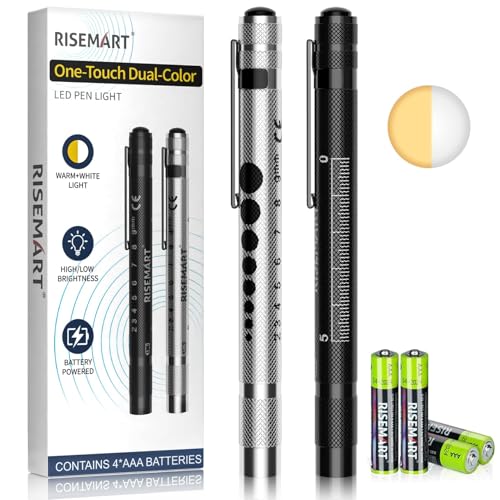 RISEMART Pen Torch 2PCS for Nurses LED Pen Light with Batteries One Button Switch White & Warm Light Pupil Gauge Penlight for Nursing Doctors Students (Black+Silver)