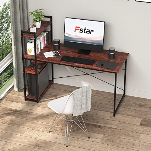 Image of Computer Desk with 4 Tiers Storage Shelves for Home Office Bedroom Solid Wood Study Table