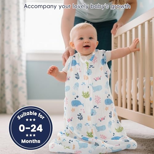 Image of PHF Soft Muslin Cotton Baby Sleep Sack 0-6 Months, 2 Pack 100% Cotton Sleeping Sack for Summer, 0.5 TOG Baby Wearable Blankets with 2-Way Zipper, Sleep Sacks for Girls Newborn, Mermaid